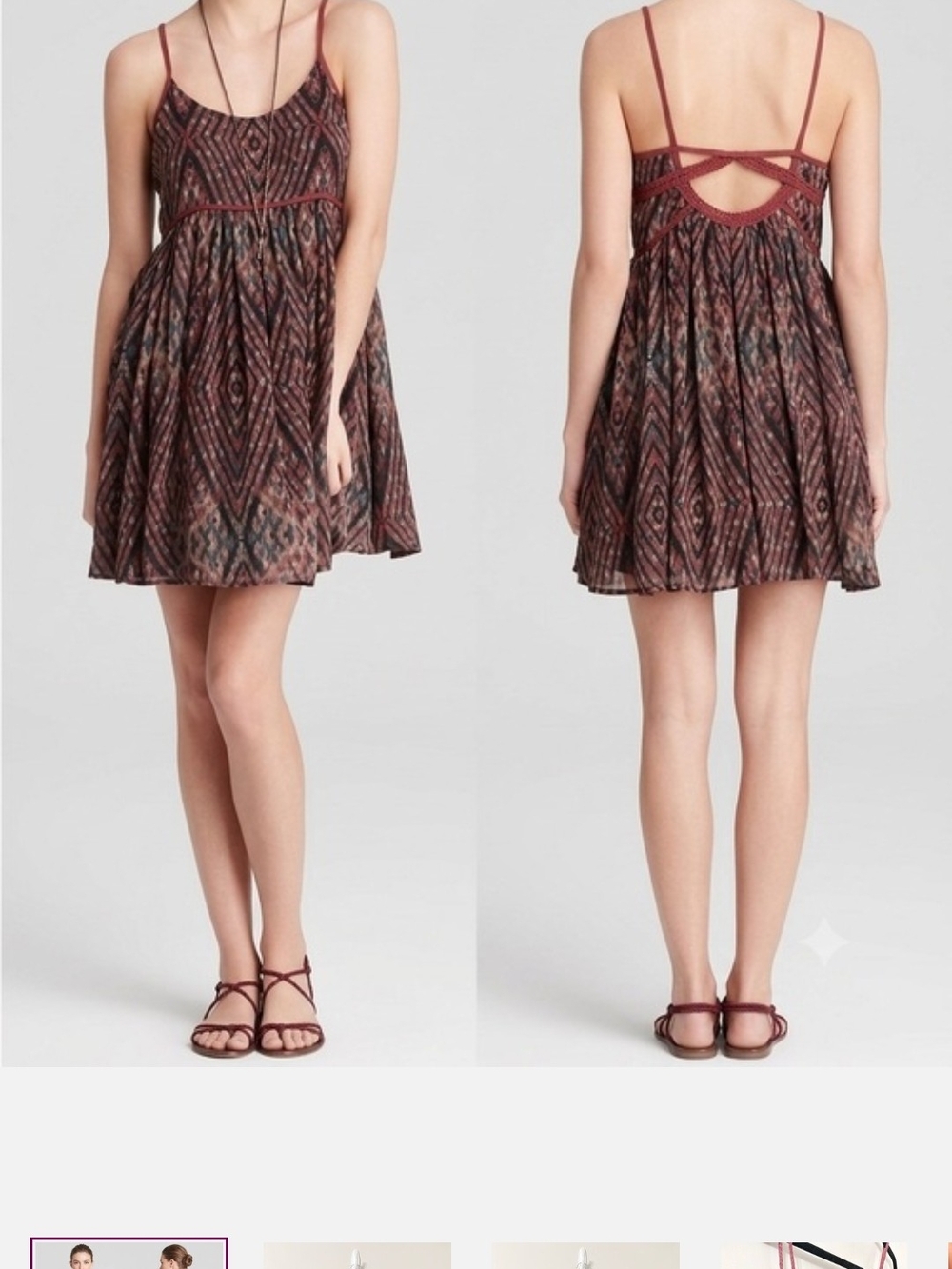 Free People Brown Patterned Spaghetti-Strap Dress